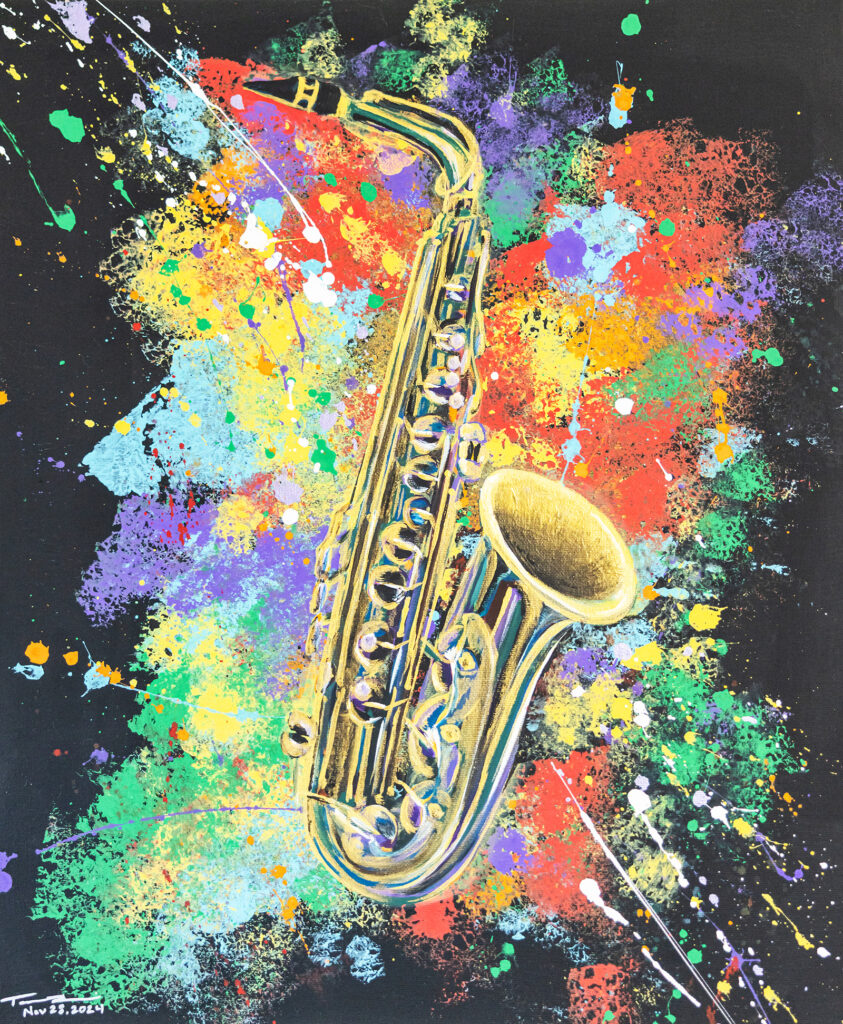 Acrylic saxophone on canvas by Tammy Karin painted in November 2024