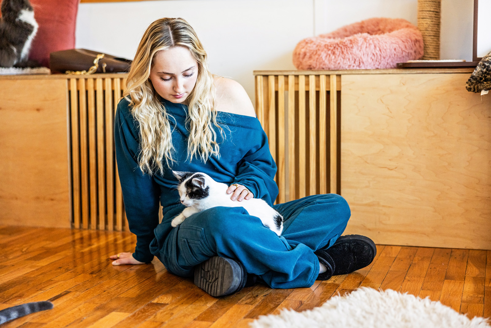 A candid moment of connection between a human and a cat in the Purrlor at Espurresso Cat Cafe in Lawrence, KS.