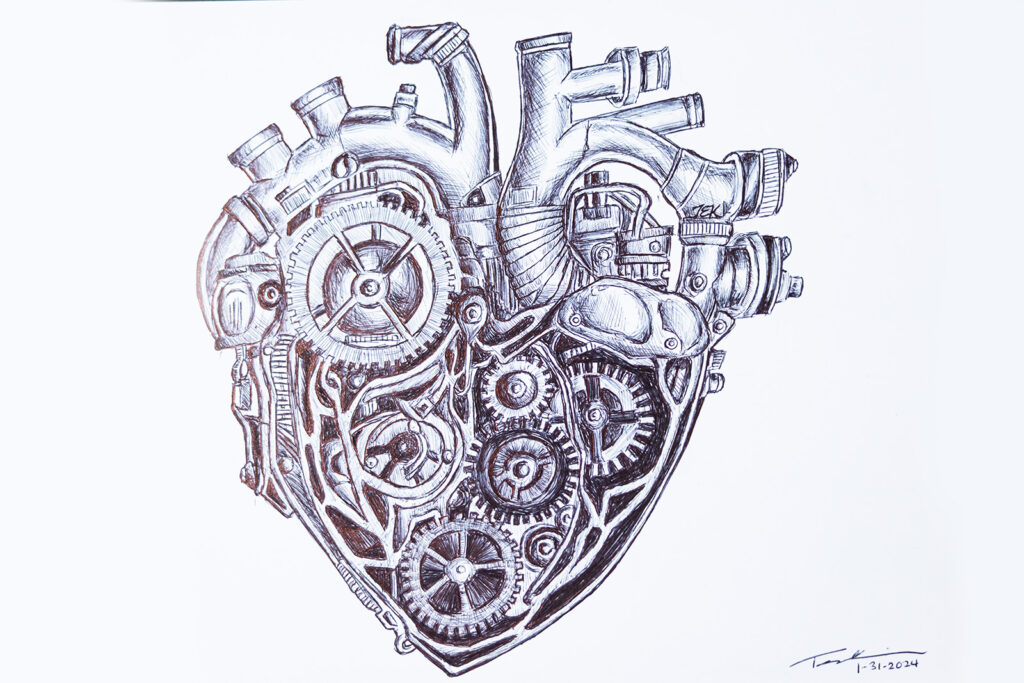 Mechanical heart ink drawing by Tammy Karin