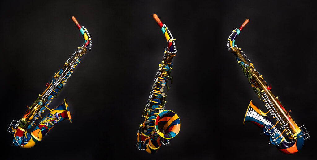 Painted alto saxophone by Tammy Karin, November 2025