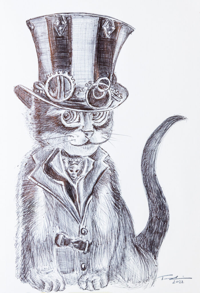 Steampunk cat ink drawing by Tammy Karin