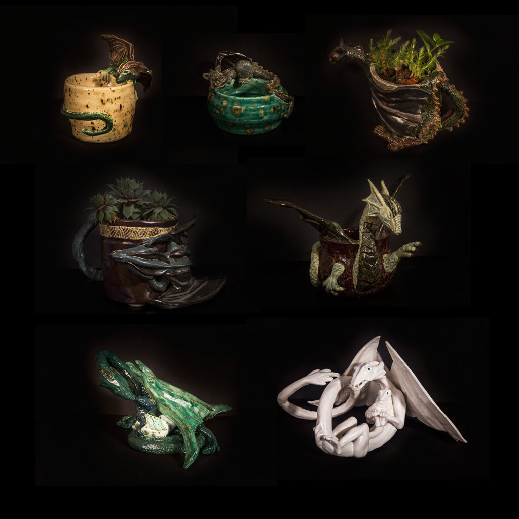 Collection of dragon-themed pottery by Tammy Karin