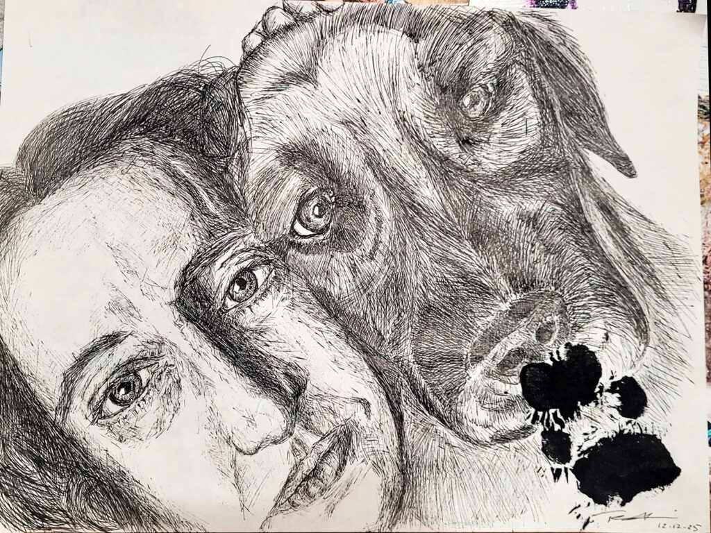 Self portrait of Tammy Karin with recently passed dog