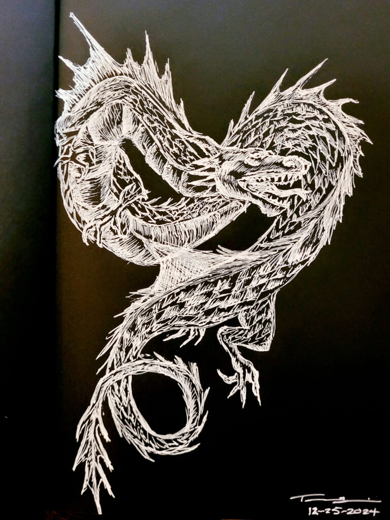 White on black ink drawing by Tammy Karin