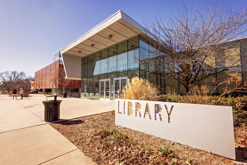 The modern architecture of the Lawrence Public Library creates a clean aesthetic.