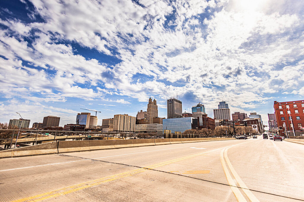 Downtown Kansas City skyline with beautiful sky taken from the River Market District.