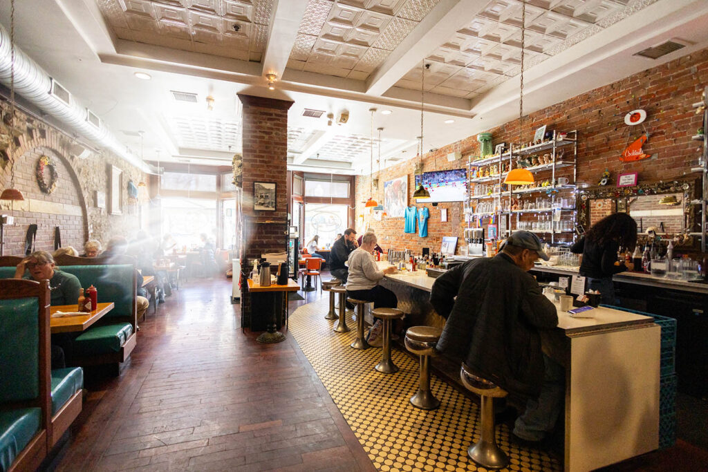 Cozy interior of Ladybird Diner in Lawrence.