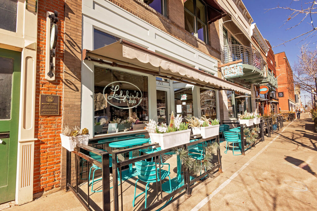 The iconic storefront of Ladybird Diner on Mass St. in downtown Lawrence.
