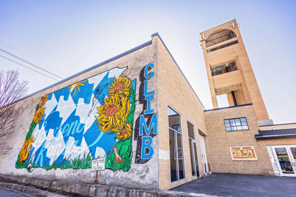 East Lawrence buildings are decorated with bright colors and artistry.