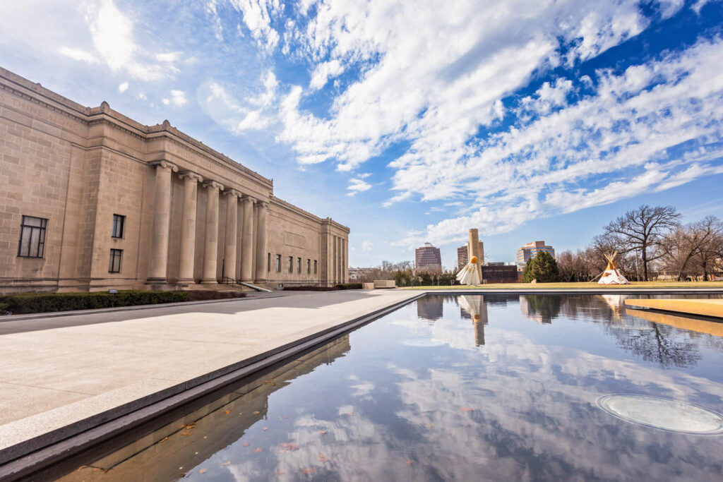 Beautiful February day at the reflection pool in front of the Nelson Atkins Museum.