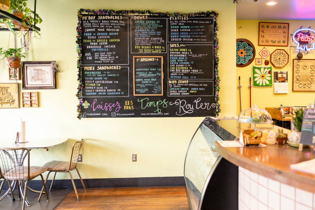 Wall menu at Terrebonne's in Lawrence, KS.