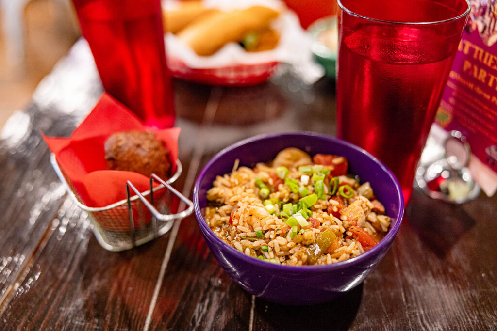 Authentic Jambalaya and cornbread at Terrebonne French Quarter Food.