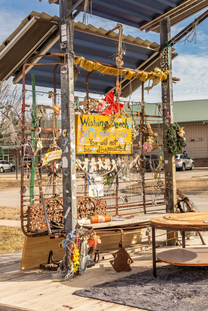 The Wishing Bench is a colorful and whimsical spot for family photos in Lawrence KS.