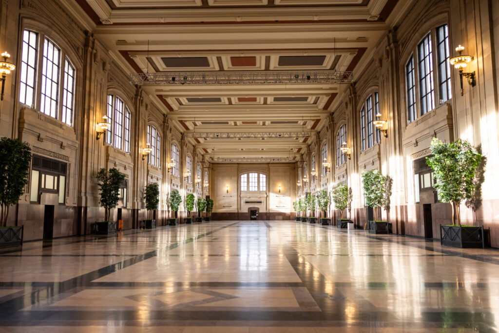 A wide perspective shot looking down the main hall of Union Station.