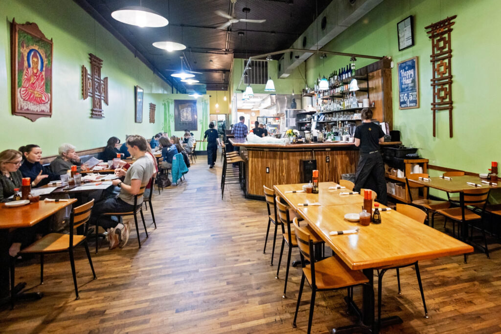 The cozy and welcoming interior of Zen Zero Southeast Asian restaurant.